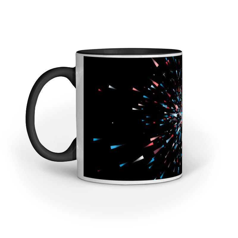 Dynamic Black Abstract Mugs: Multi-Colored Light Burst Design