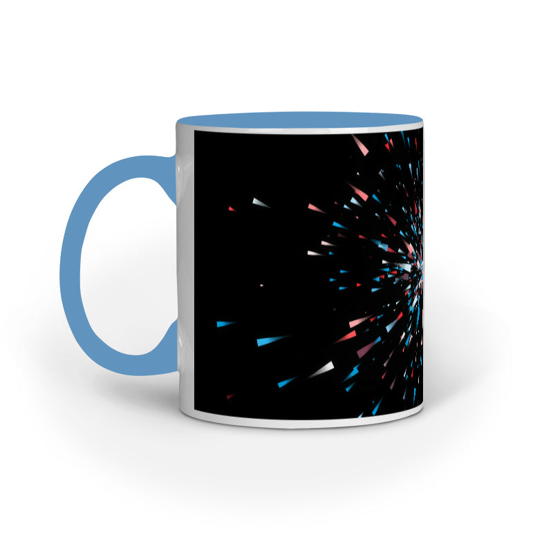 Dynamic Black Abstract Mugs: Multi-Colored Light Burst Design