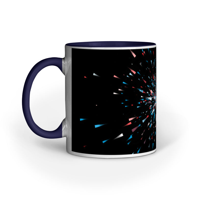 Dynamic Black Abstract Mugs: Multi-Colored Light Burst Design
