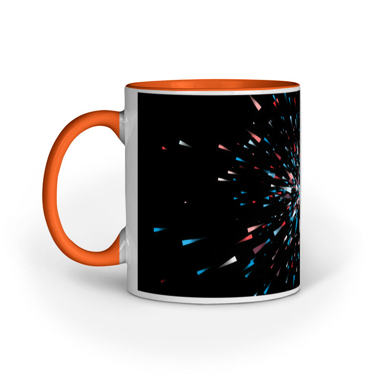 Dynamic Black Abstract Mugs: Multi-Colored Light Burst Design