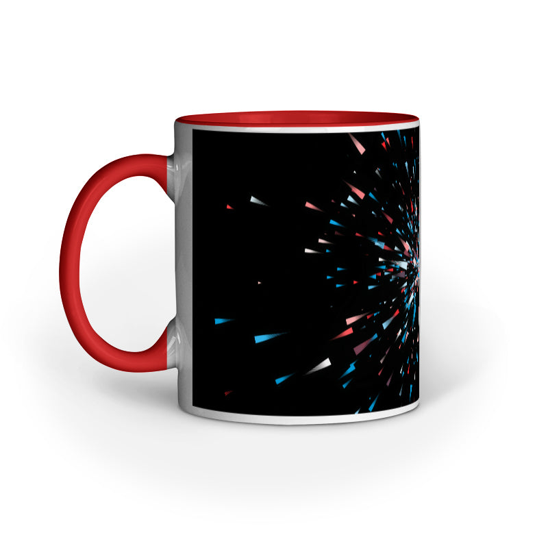 Dynamic Black Abstract Mugs: Multi-Colored Light Burst Design