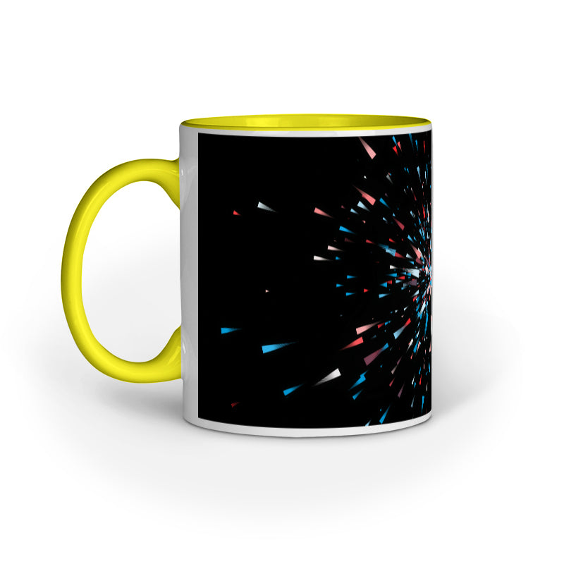 Dynamic Black Abstract Mugs: Multi-Colored Light Burst Design
