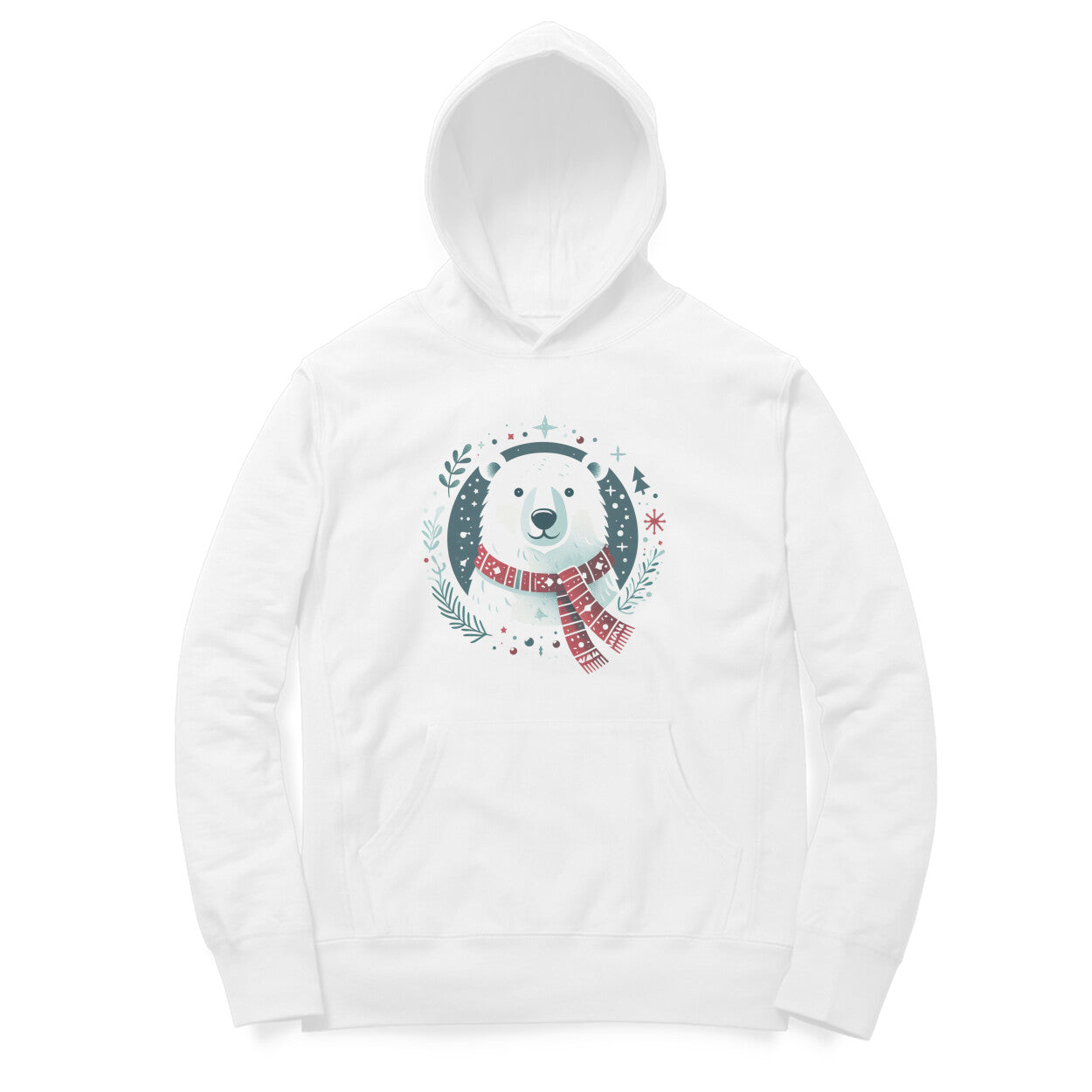 Polar Bliss Unisex Printed Hoodie with Scarf-Wearing Polar Bear