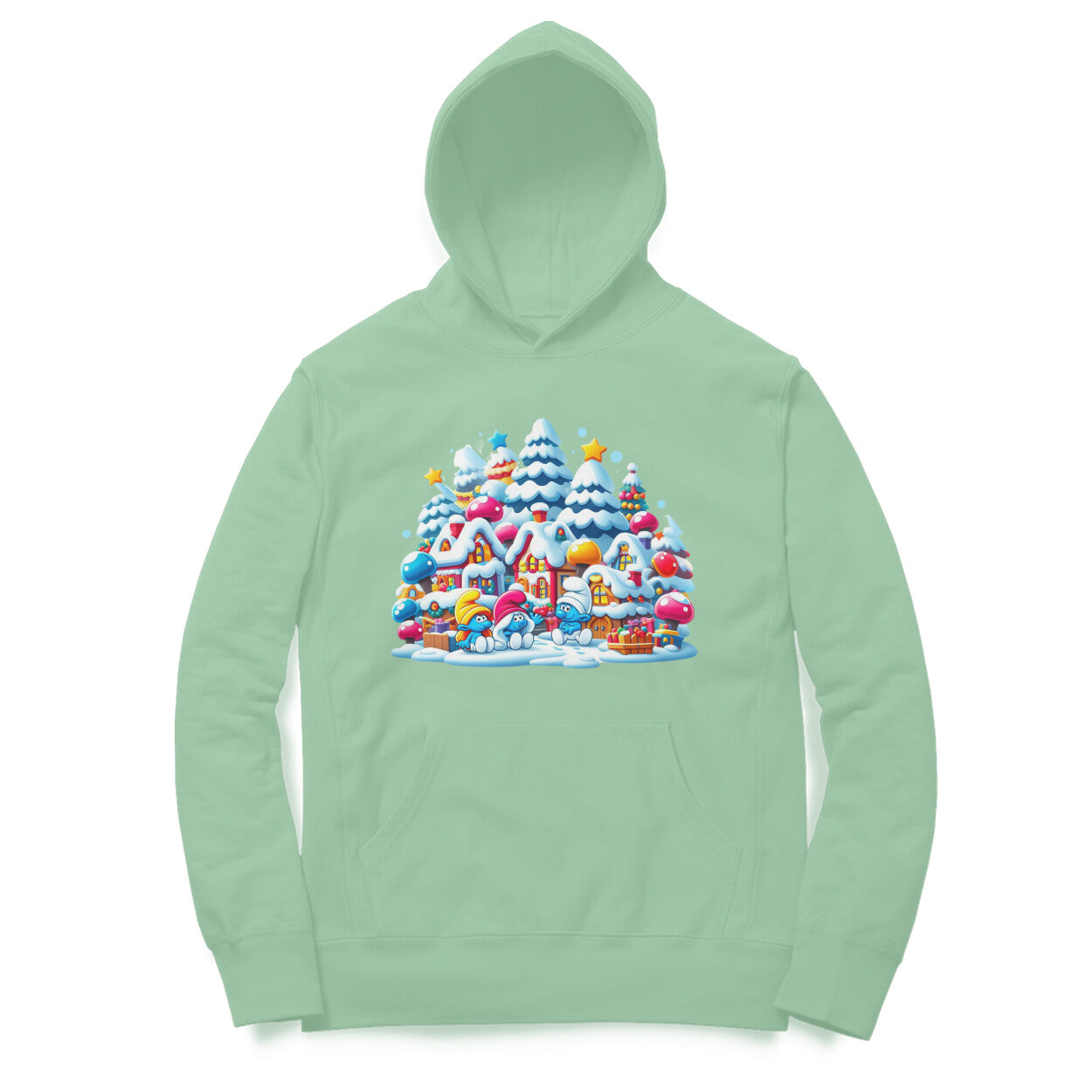 Snowy Smurf Village Unisex Printed Hoodie - Winter Whimsy