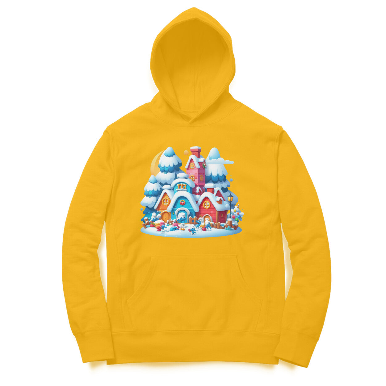 Snowy Smurf Village Unisex Hooded Sweatshirt - Whimsical Winter Style