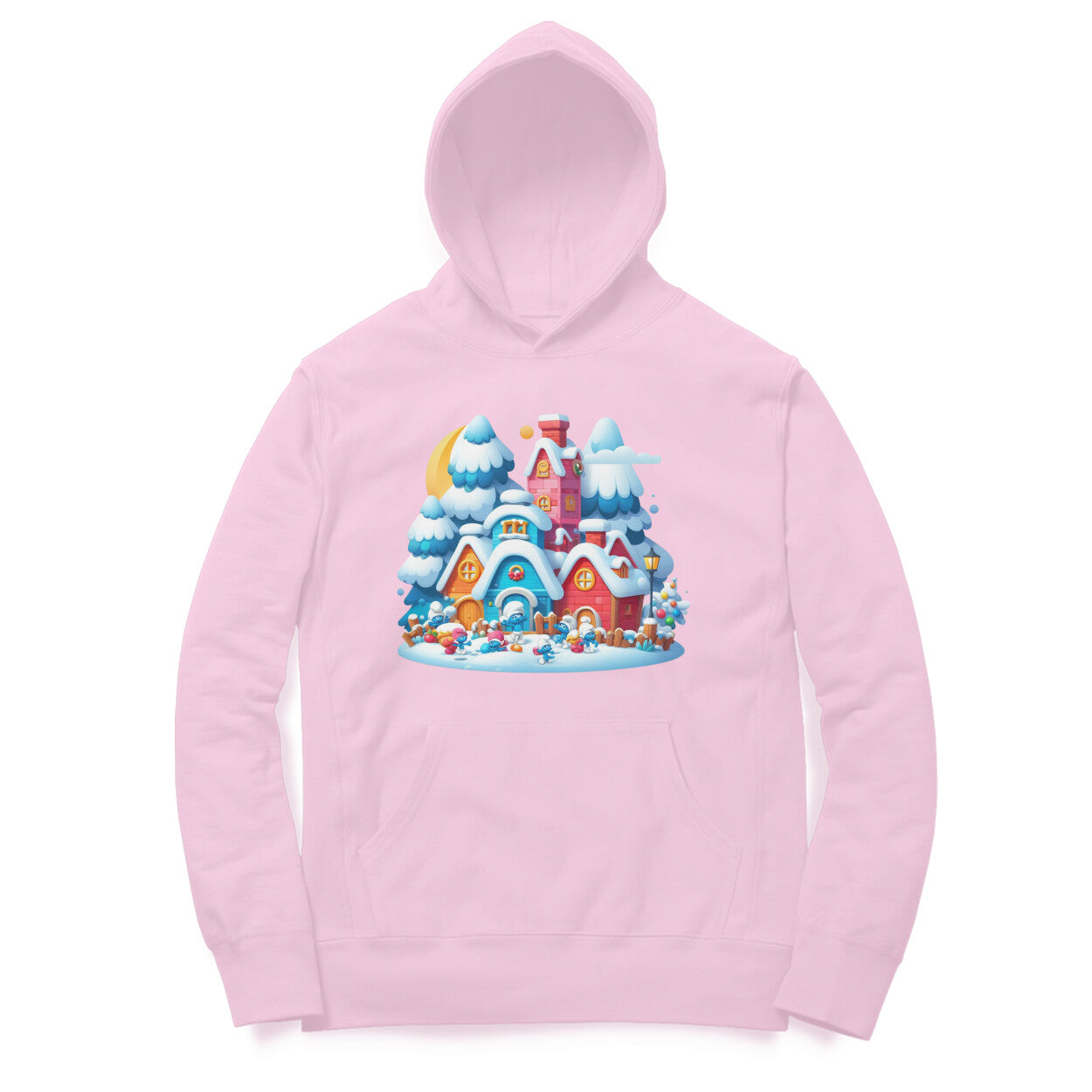 Snowy Smurf Village Unisex Hooded Sweatshirt - Whimsical Winter Style