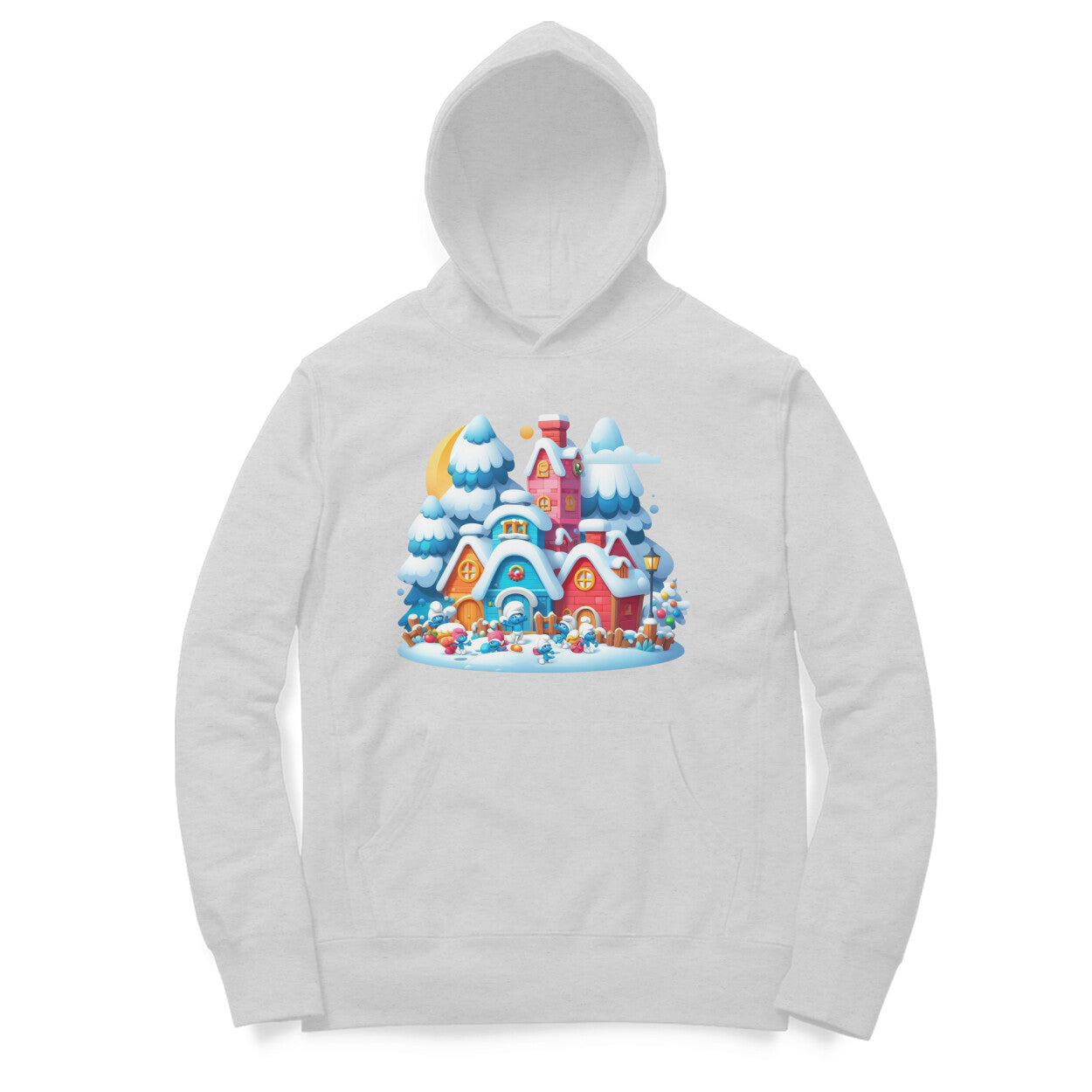 Snowy Smurf Village Unisex Hooded Sweatshirt - Whimsical Winter Style