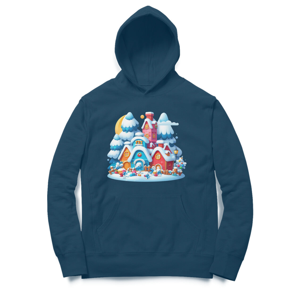 Snowy Smurf Village Unisex Hooded Sweatshirt - Whimsical Winter Style