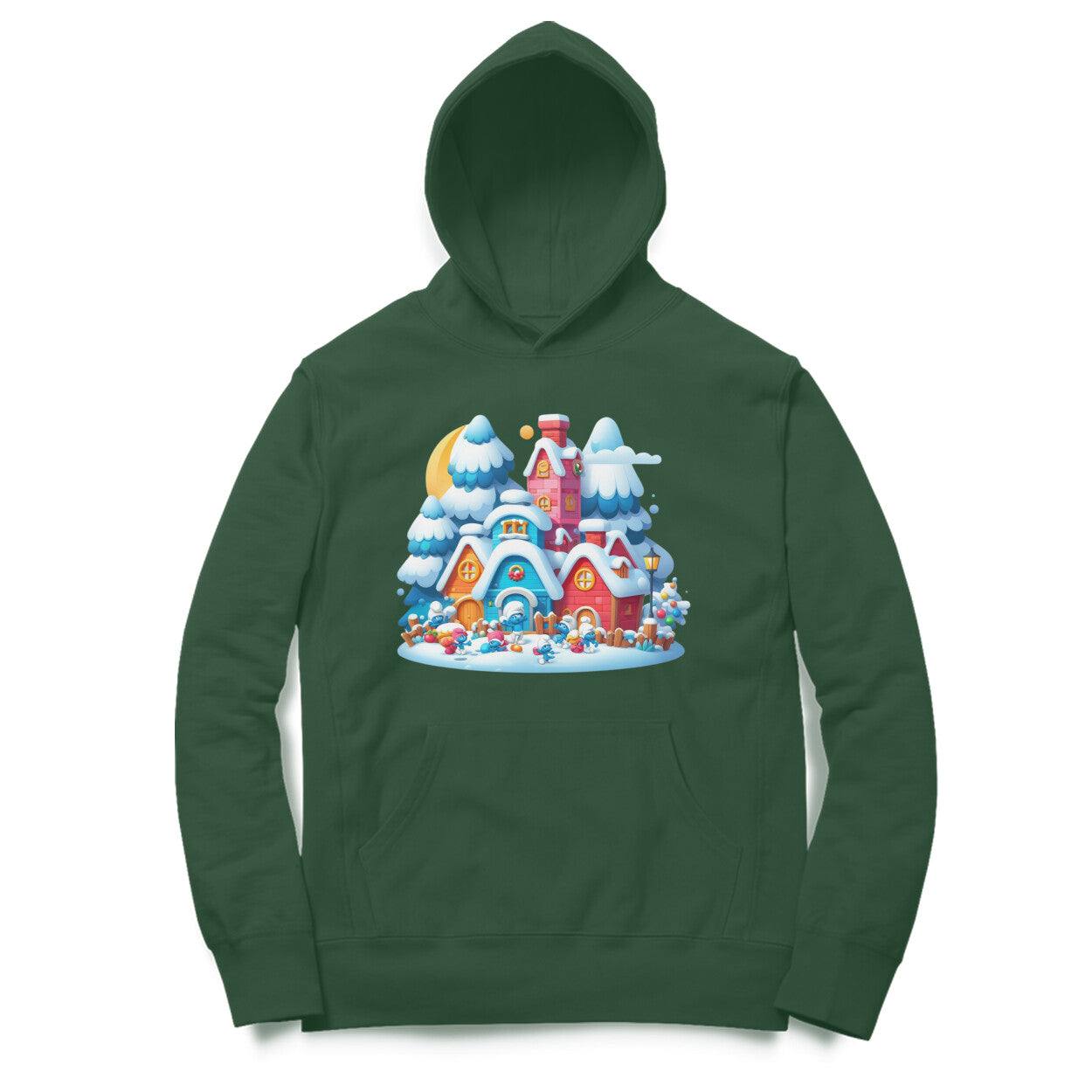 Snowy Smurf Village Unisex Hooded Sweatshirt - Whimsical Winter Style