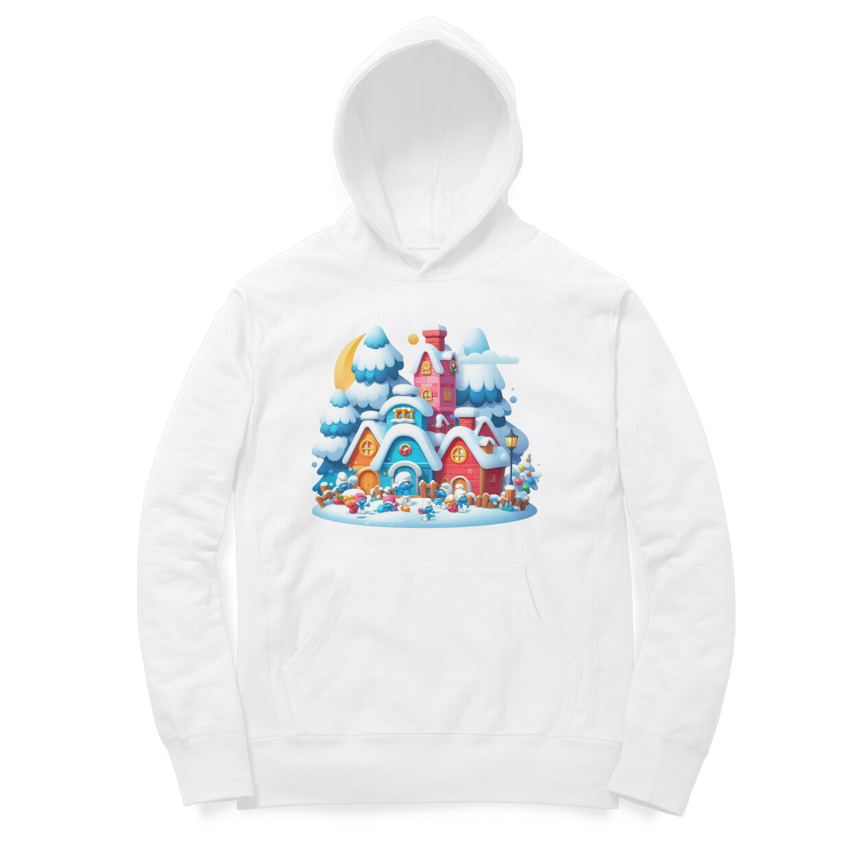 Snowy Smurf Village Unisex Hooded Sweatshirt - Whimsical Winter Style