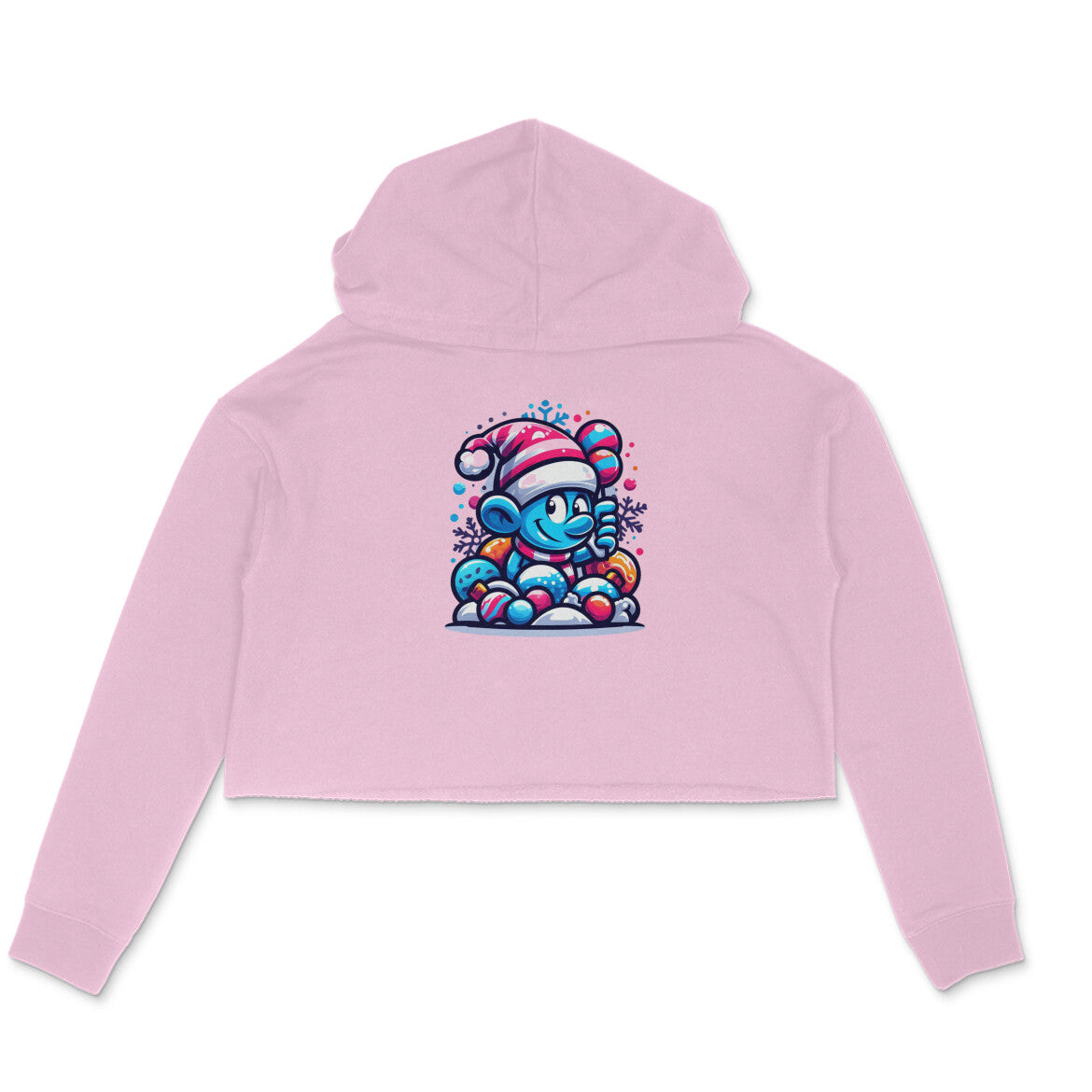 Festive Whimsy: Women's Printed Crop Hoody with Smurf in Christmas