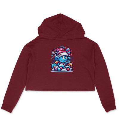 Festive Whimsy: Women's Printed Crop Hoody with Smurf in Christmas