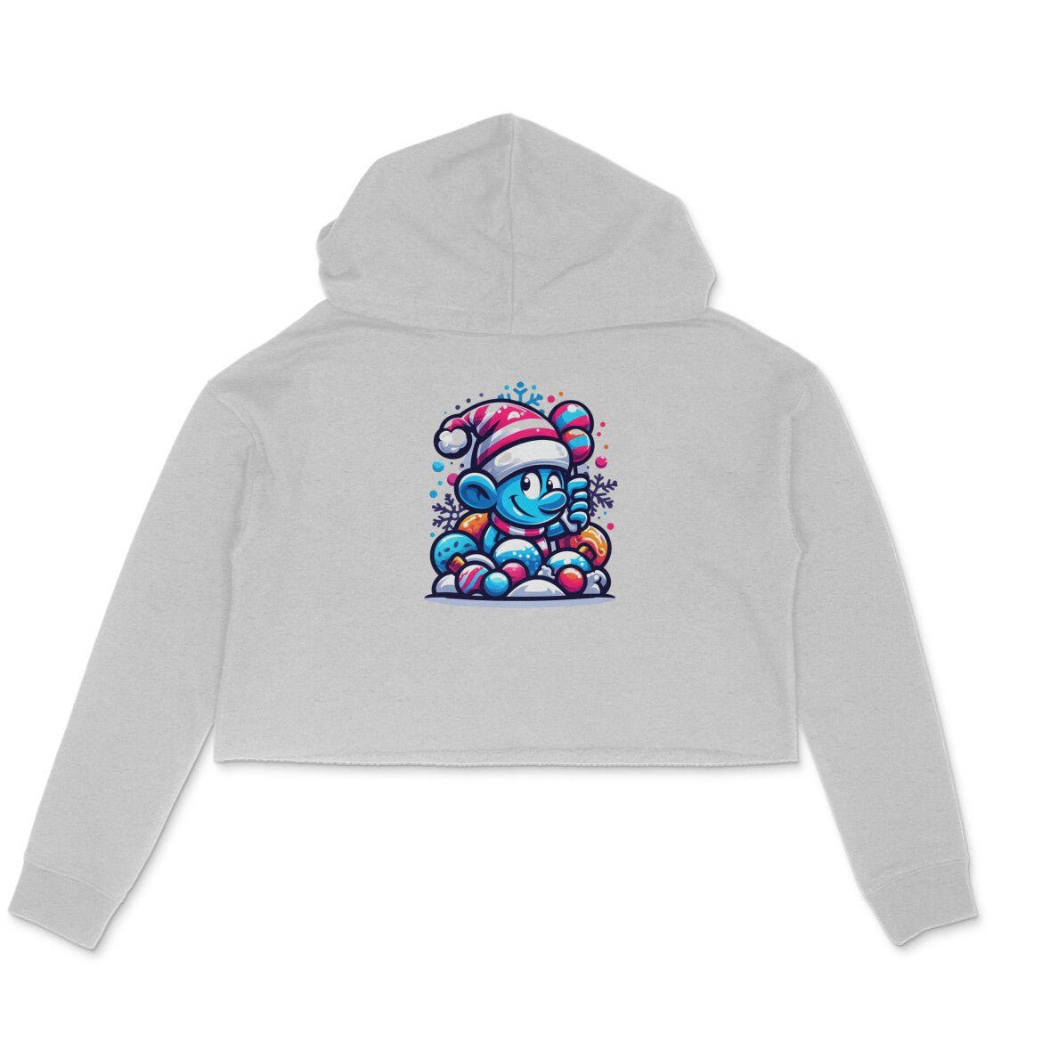 Festive Whimsy: Women's Printed Crop Hoody with Smurf in Christmas