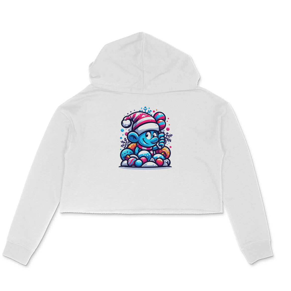 Festive Whimsy: Women's Printed Crop Hoody with Smurf in Christmas