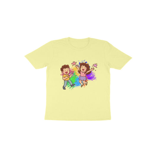 Colorful Joy: Toddler's Round Neck T-Shirt with Kids Playing Holi Design