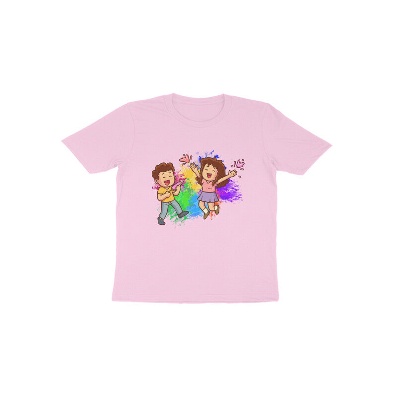 Colorful Joy: Toddler's Round Neck T-Shirt with Kids Playing Holi Design