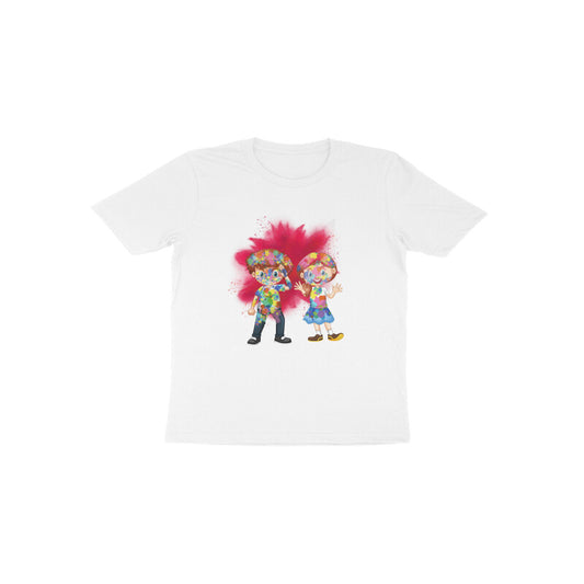 Colorful Cuties: Toddler's Round Neck T-Shirt with Kids Covered in Holi Colors Design