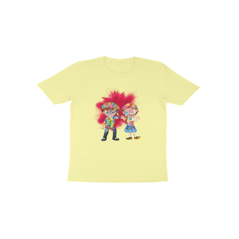 Colorful Cuties: Toddler's Round Neck T-Shirt with Kids Covered in Holi Colors Design