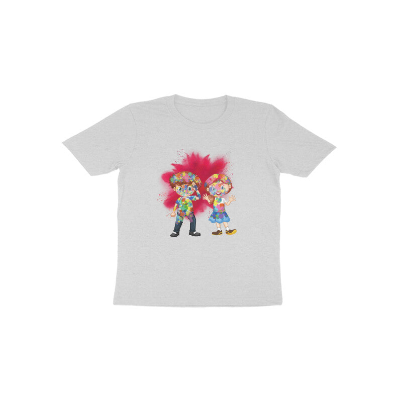 Colorful Cuties: Toddler's Round Neck T-Shirt with Kids Covered in Holi Colors Design
