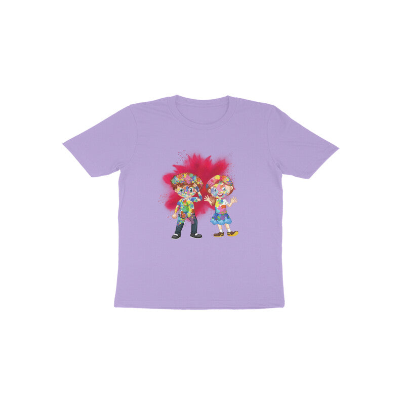 Colorful Cuties: Toddler's Round Neck T-Shirt with Kids Covered in Holi Colors Design