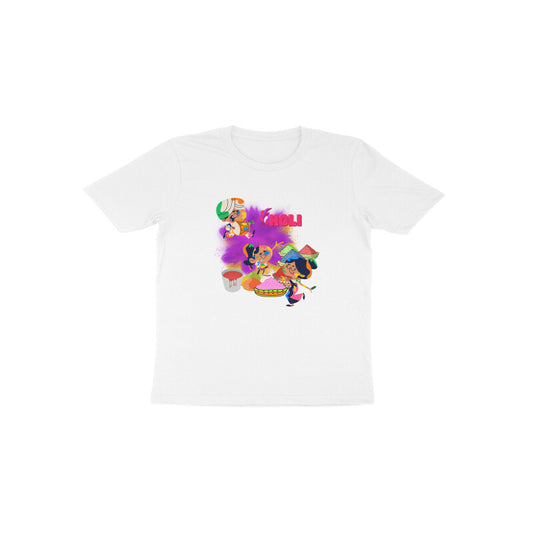 Colorful Playtime: Toddler's Round Neck T-Shirt with Kids Throwing Color Balloons Design
