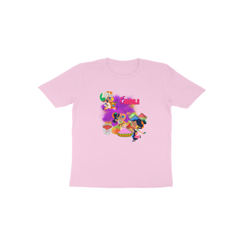 Colorful Playtime: Toddler's Round Neck T-Shirt with Kids Throwing Color Balloons Design