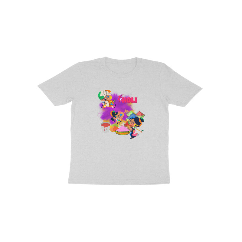 Colorful Playtime: Toddler's Round Neck T-Shirt with Kids Throwing Color Balloons Design