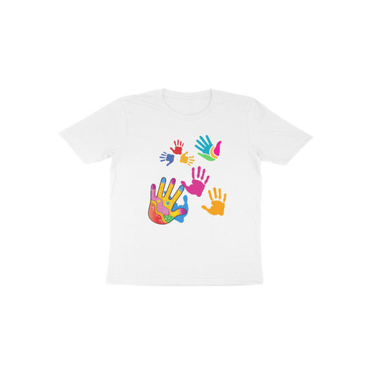 Vibrant Festivities: Toddler's Round Neck T-Shirt with Colorful Handprints Design