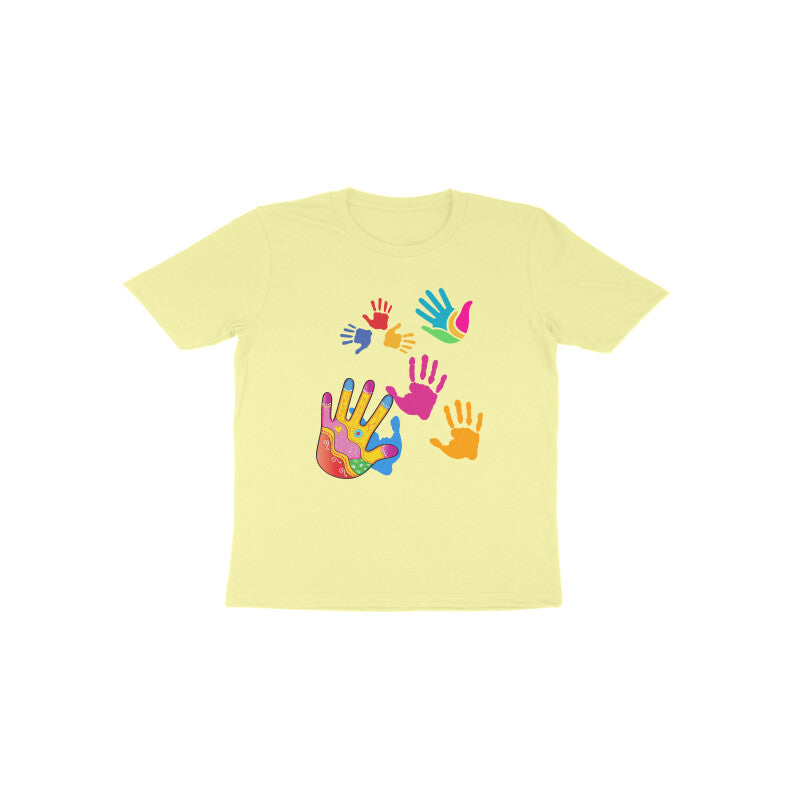 Vibrant Festivities: Toddler's Round Neck T-Shirt with Colorful Handprints Design