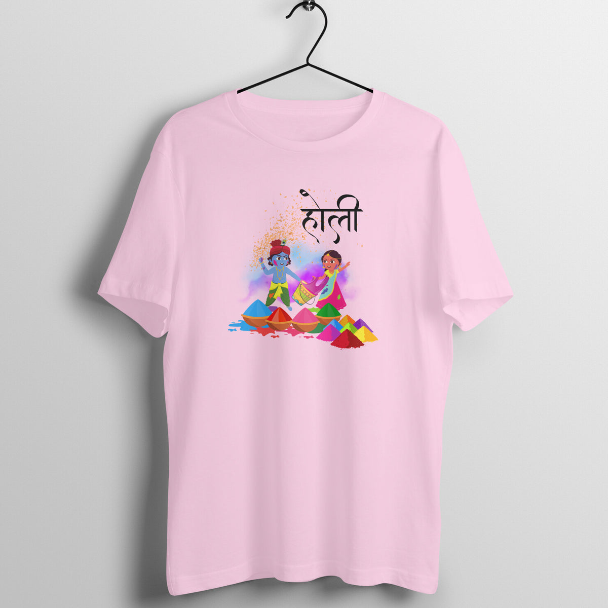 Divine Holi: Men's Round Neck T-Shirt with Radha and Krishna Playing Design