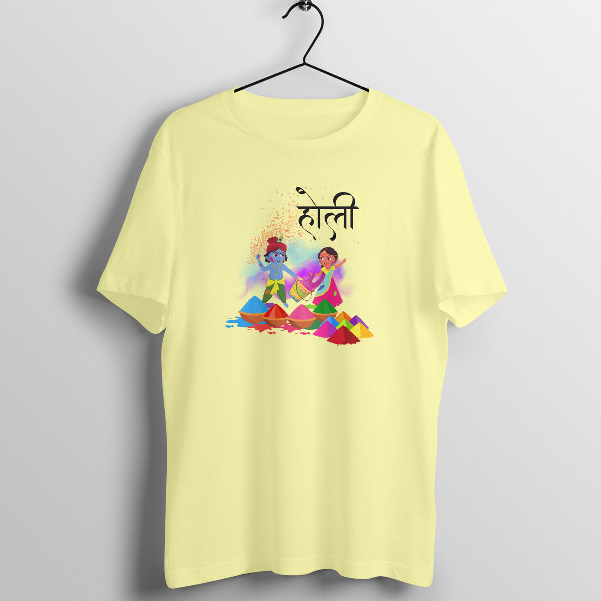 Divine Holi: Men's Round Neck T-Shirt with Radha and Krishna Playing Design