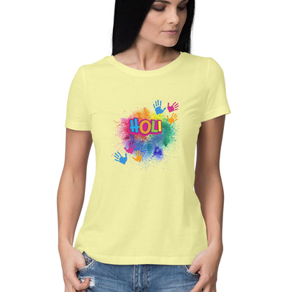 Splash into Holi: Women's Round Neck T-Shirt with Colorful Holi Splash Design