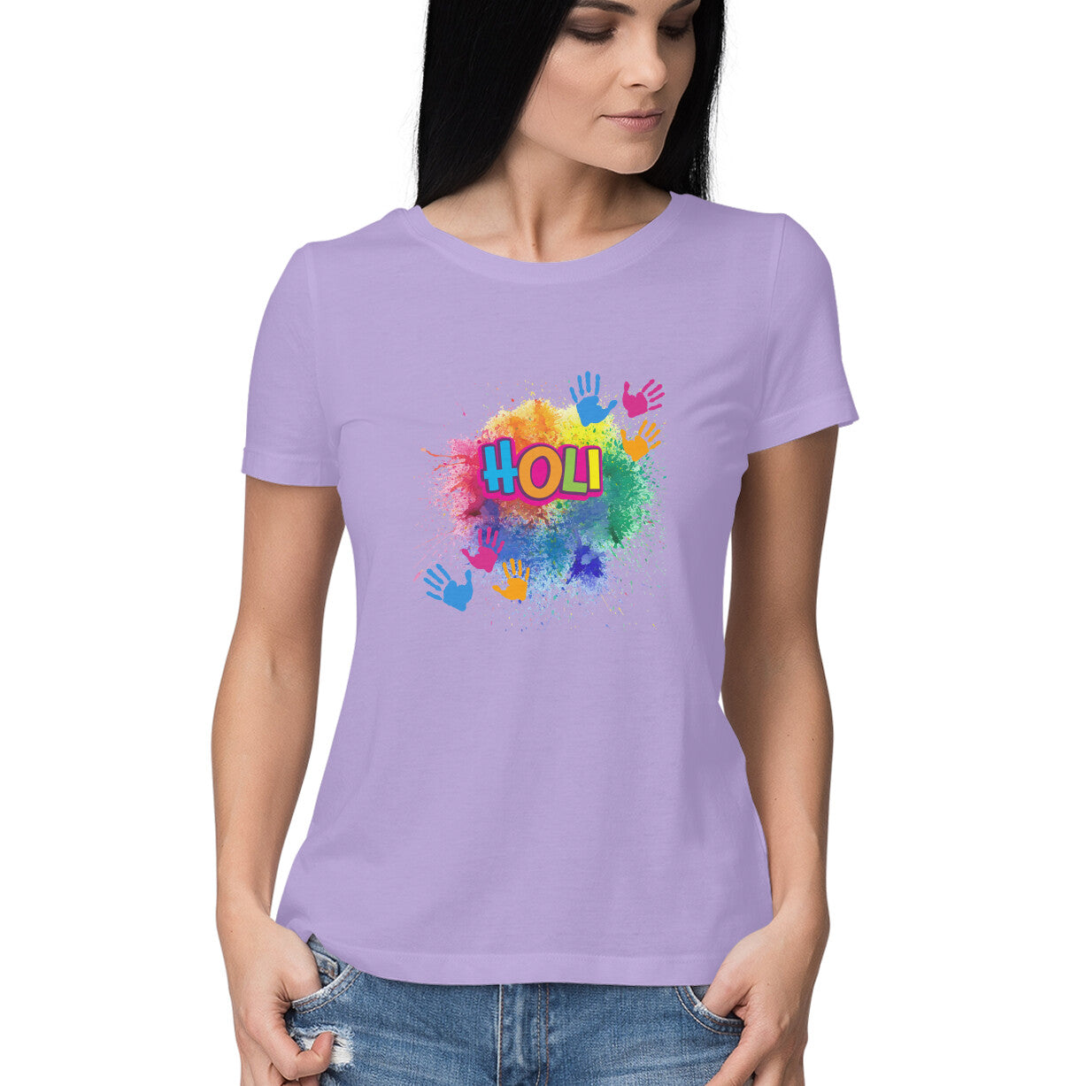 Splash into Holi: Women's Round Neck T-Shirt with Colorful Holi Splash Design