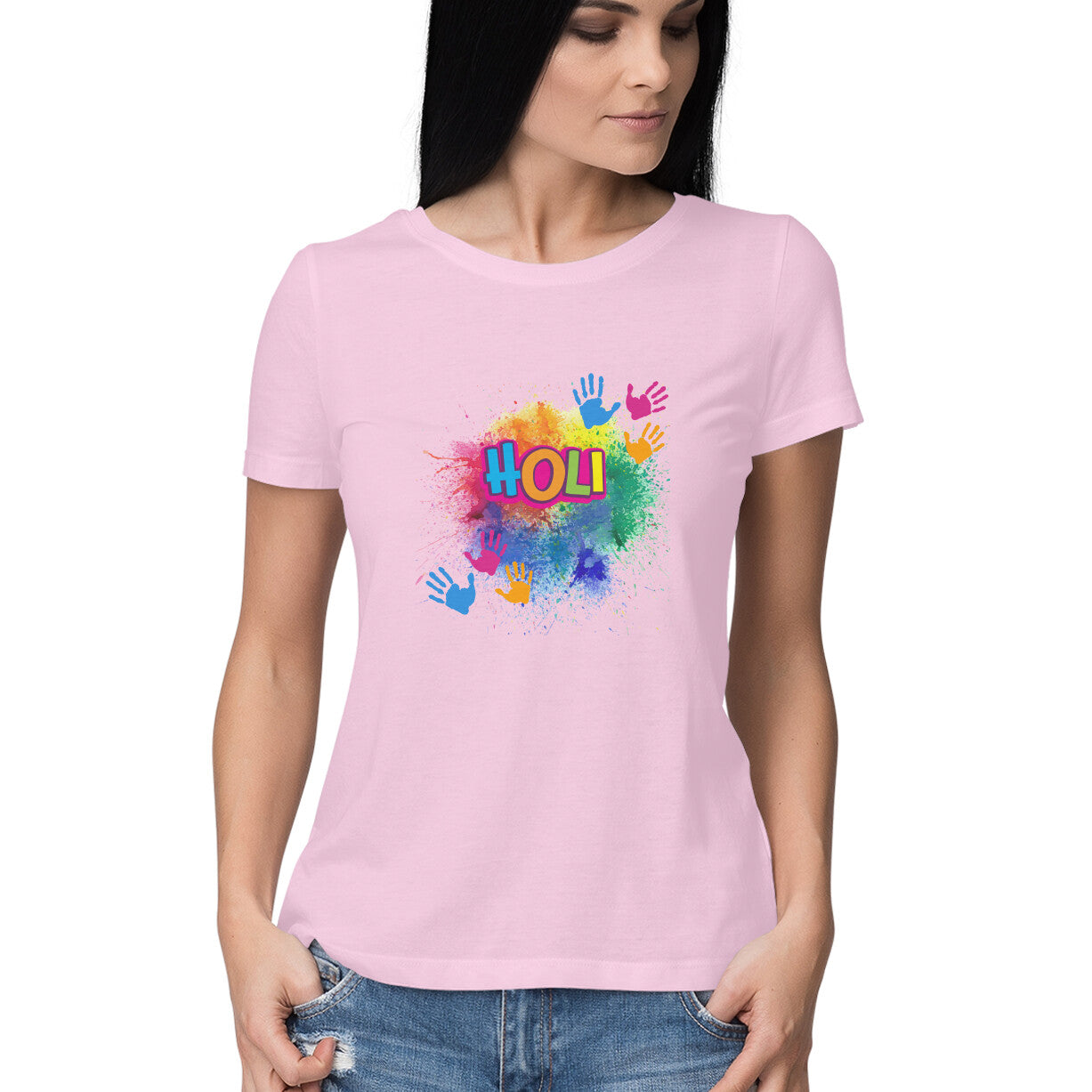 Splash into Holi: Women's Round Neck T-Shirt with Colorful Holi Splash Design