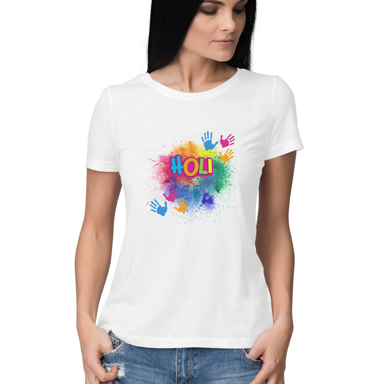 Splash into Holi: Women's Round Neck T-Shirt with Colorful Holi Splash Design