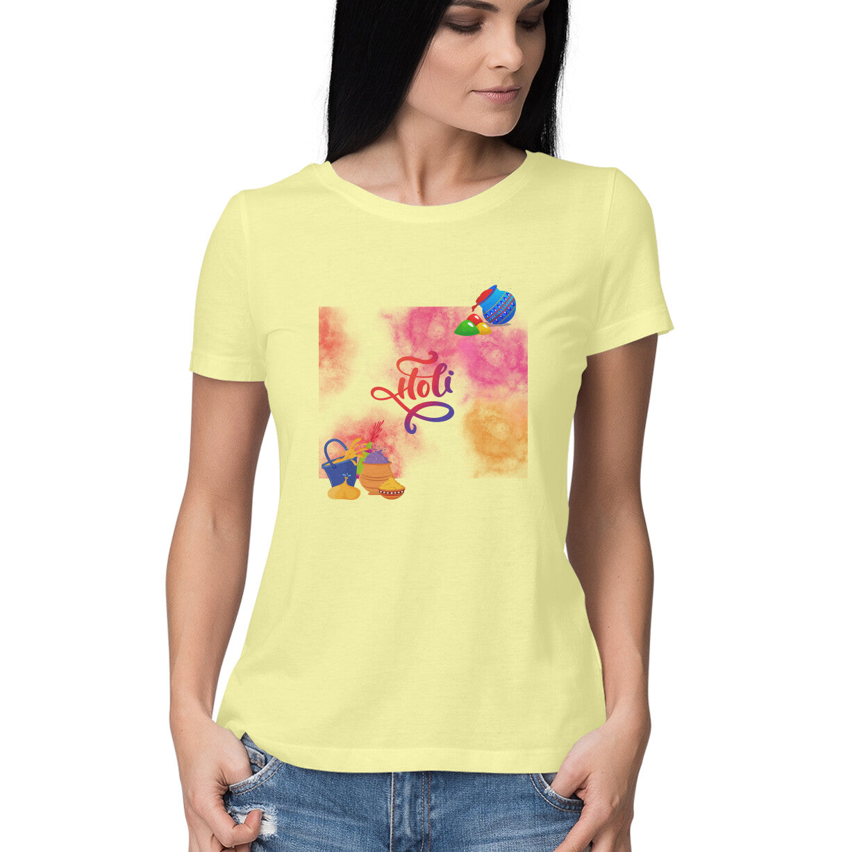 Stylish Celebration: Women's Round Neck T-Shirt with Indian Festival Colors Design