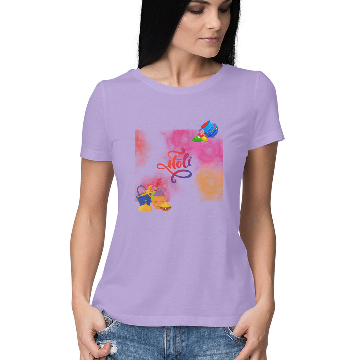 Stylish Celebration: Women's Round Neck T-Shirt with Indian Festival Colors Design