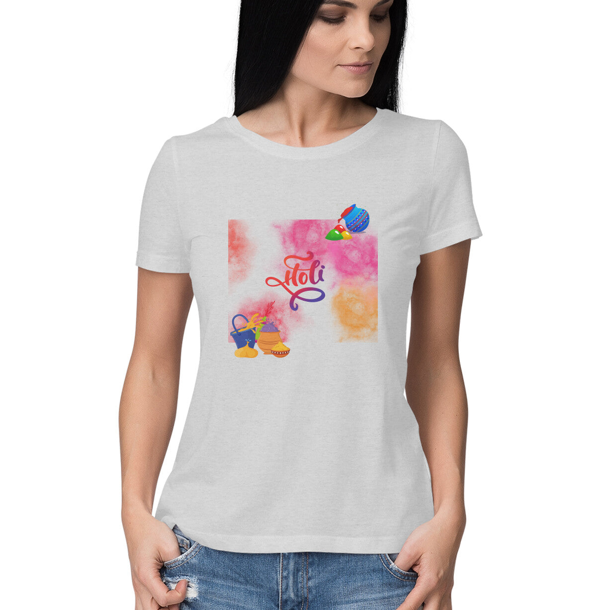 Stylish Celebration: Women's Round Neck T-Shirt with Indian Festival Colors Design