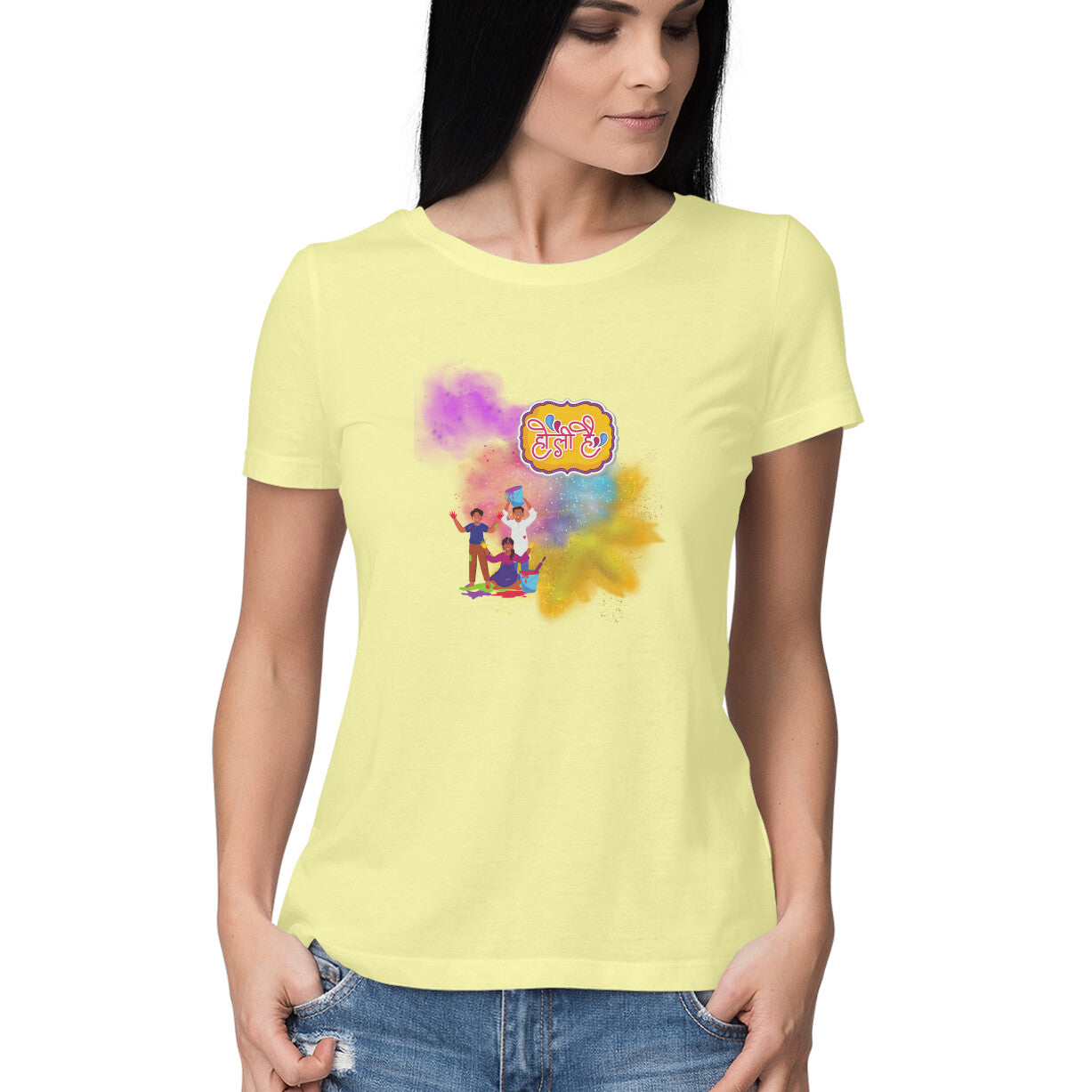 Festive Bonding: Women's Round Neck T-Shirt with Friends Playing Holi Design