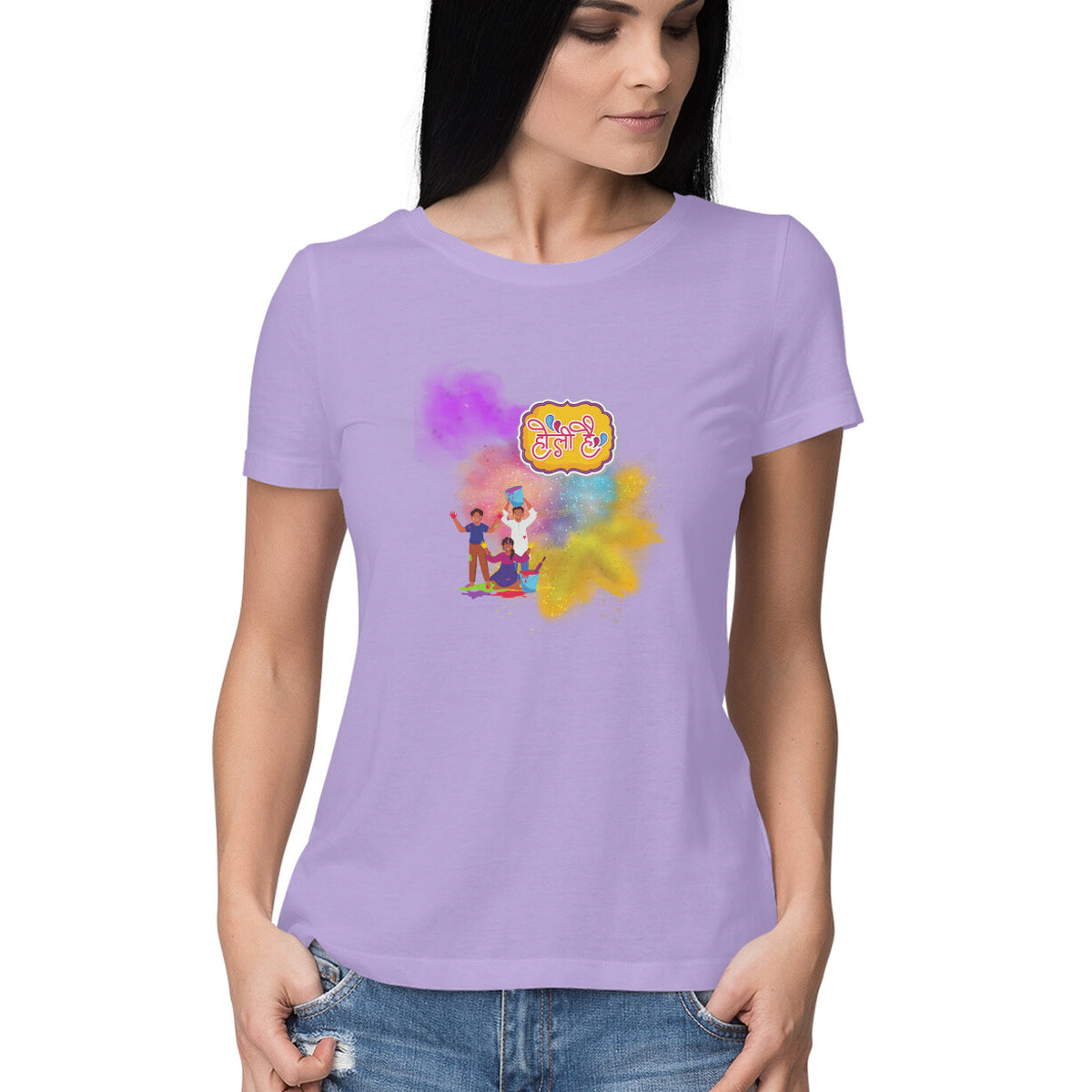 Festive Bonding: Women's Round Neck T-Shirt with Friends Playing Holi Design