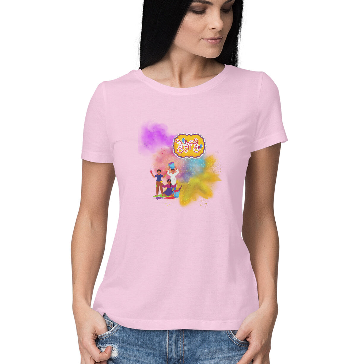 Festive Bonding: Women's Round Neck T-Shirt with Friends Playing Holi Design