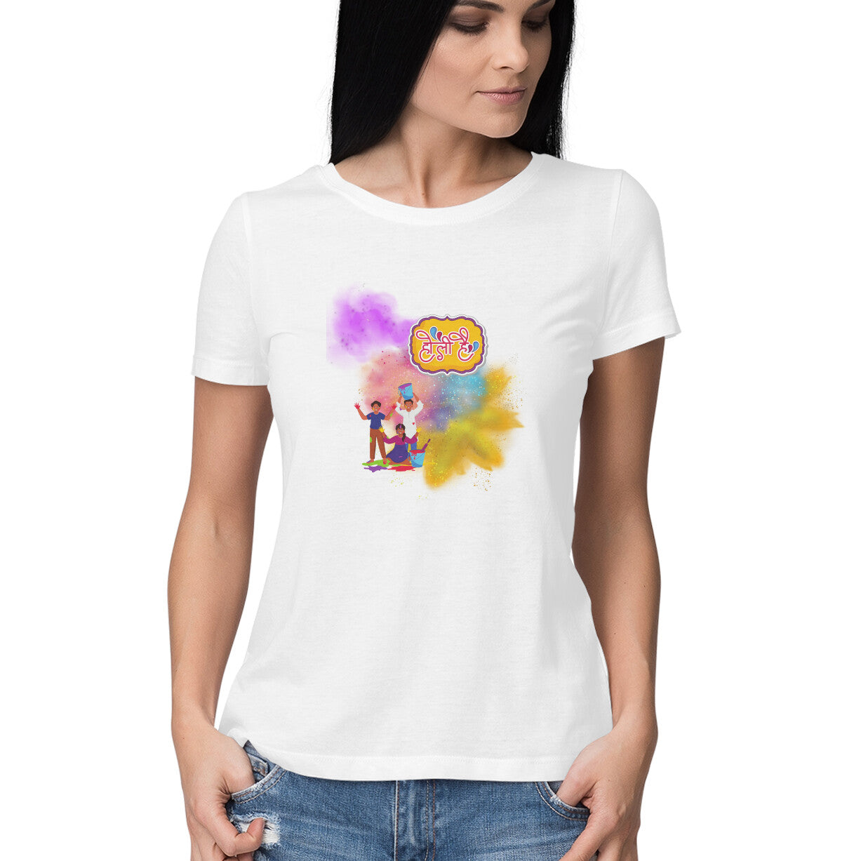 Festive Bonding: Women's Round Neck T-Shirt with Friends Playing Holi Design