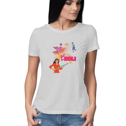Festive Fun: Women's Round Neck T-Shirt with Playful Holi Color Gun Design