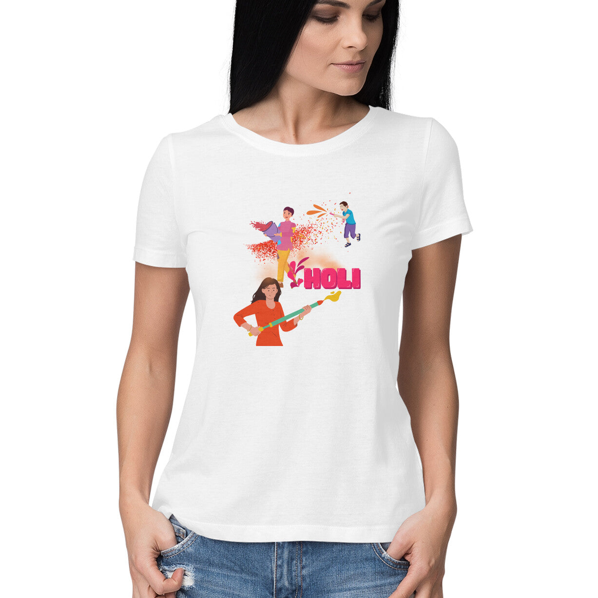 Festive Fun: Women's Round Neck T-Shirt with Playful Holi Color Gun Design