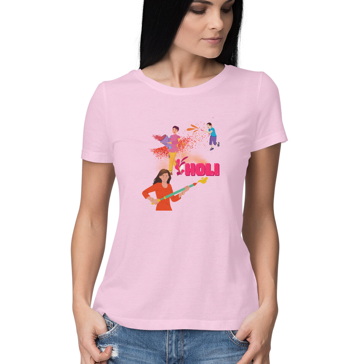 Festive Fun: Women's Round Neck T-Shirt with Playful Holi Color Gun Design