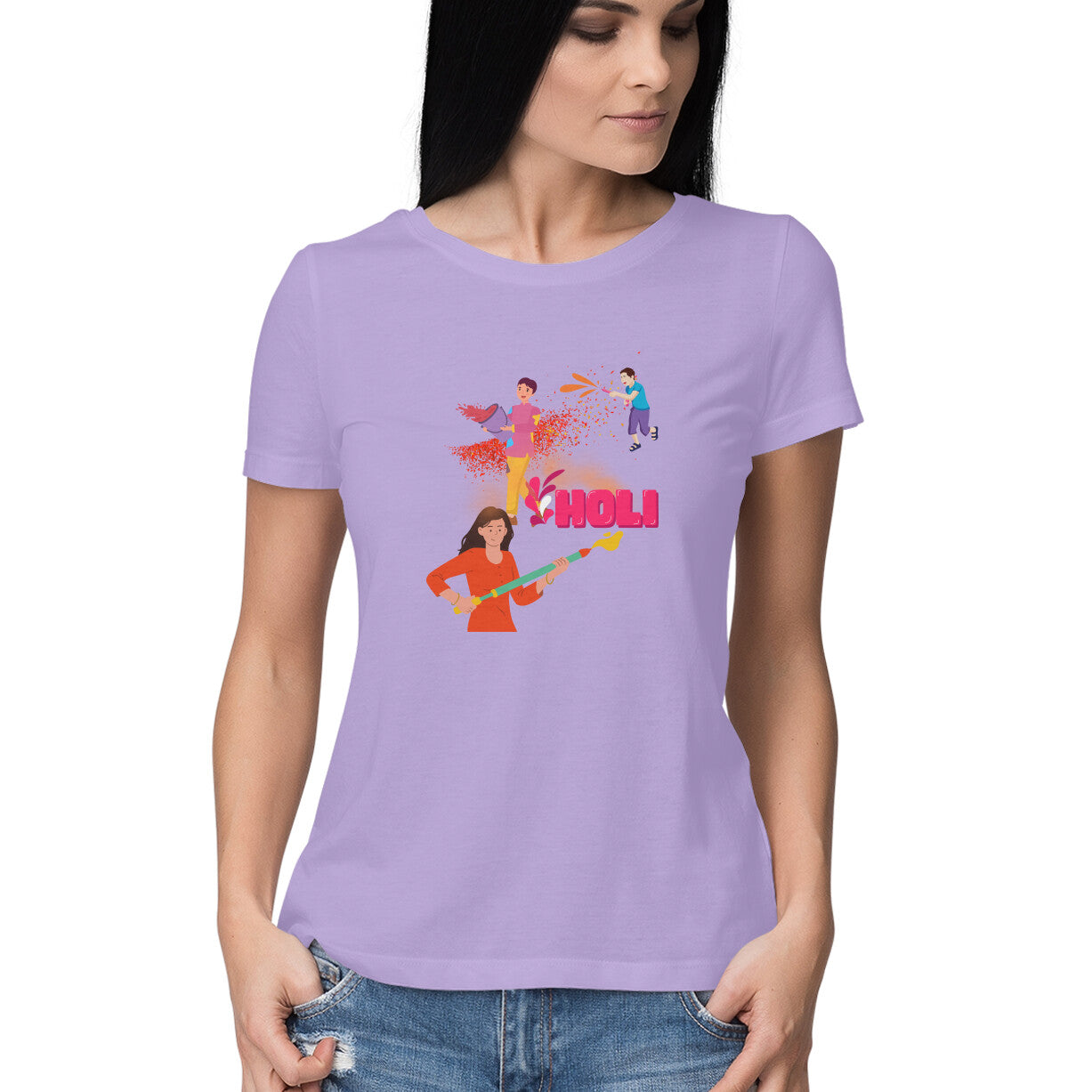 Festive Fun: Women's Round Neck T-Shirt with Playful Holi Color Gun Design