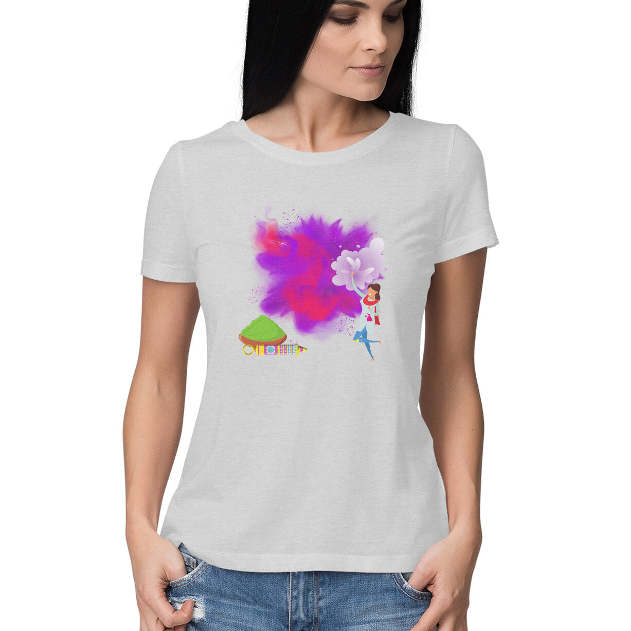 Celebrate Holi in Style: Women's Round Neck T-Shirt with Traditional Holi Girl Design