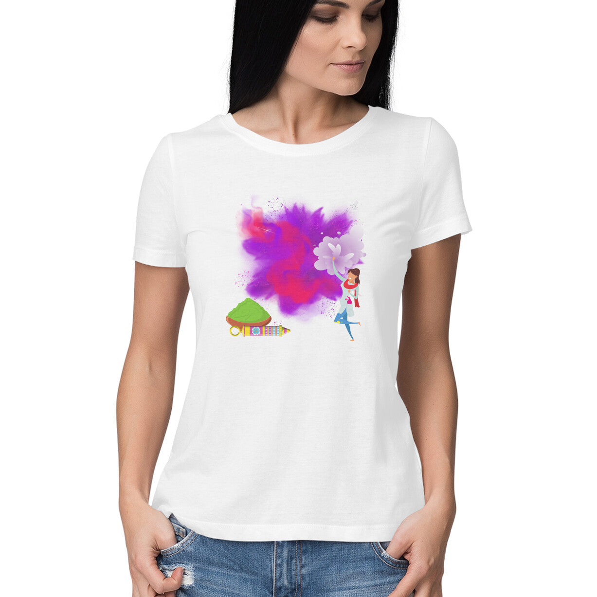 Celebrate Holi in Style: Women's Round Neck T-Shirt with Traditional Holi Girl Design