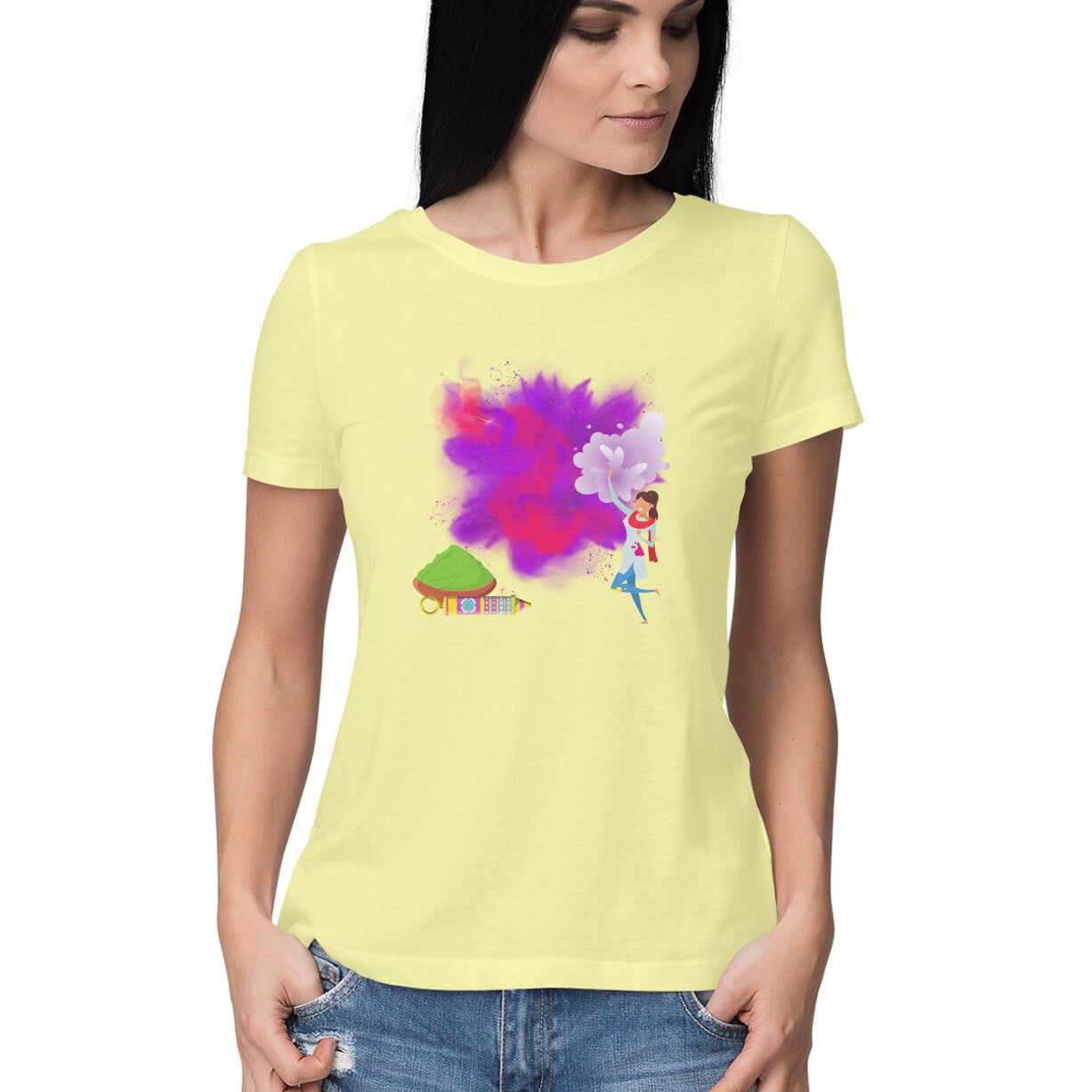 Celebrate Holi in Style: Women's Round Neck T-Shirt with Traditional Holi Girl Design