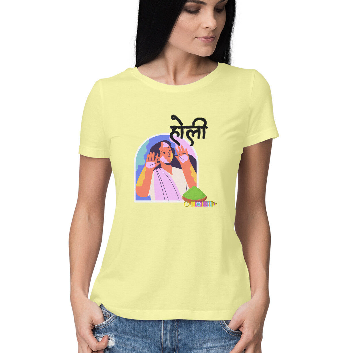 Traditional Elegance: Women's Round Neck T-Shirt with Holi Festival Girl Design